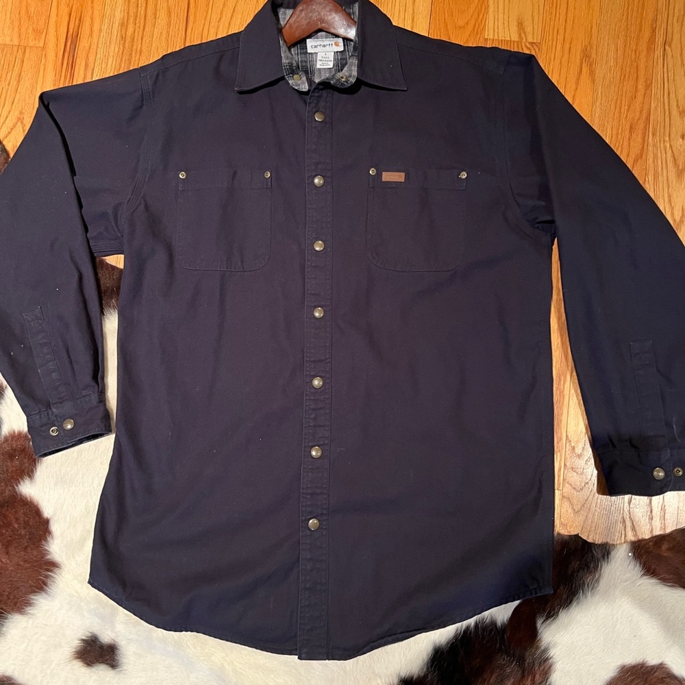 Mens Carhartt S296 Navy Canvas Flannel Lined Snap Button Jacket Adult Large Tall